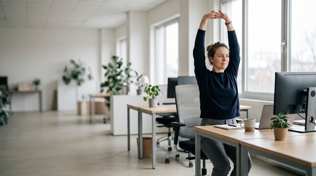 Woman stretching arms overhead at office desk with laptop and computer