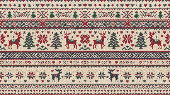 fair isle christmas seamless knitted pattern with deer, trees, and snowflakes on light background.