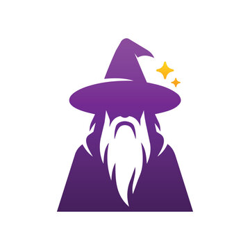 A minimalist vector logo of a purple wizard featuring a long white beard, a pointed hat, and yellow stars. Perfect for gaming and fantasy design projects.