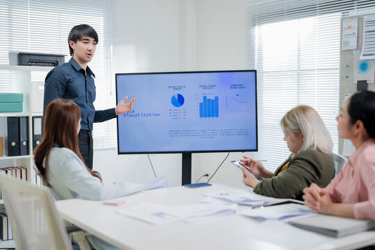Young Asian businessman presenting data visualization of market size, market trends and competitor market share on screen to colleagues in meeting room