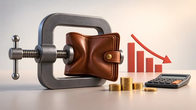 3D illustration of a leather wallet squeezed by a metal clamp with downward red chart and calculator representing financial pressure and inflation