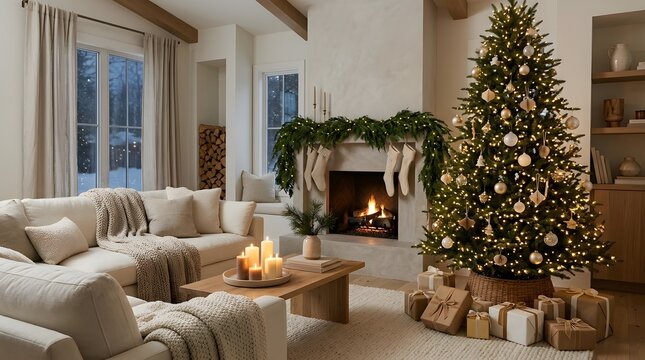 Christmas tree with gifts beside cozy fireplace in modern living room