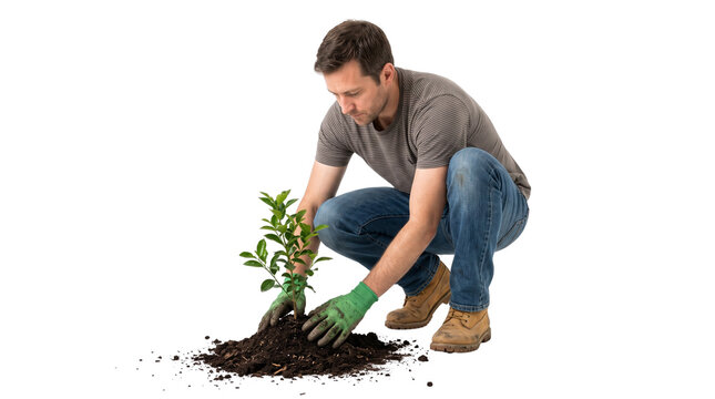 Professional gardener planting young tree sapling in soil, environmental conservation and reforestation concept, man working with green plant and dirt isolated PNG with Transparent Background
