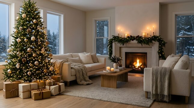 Christmas tree with gifts wrapped under cozy fireplace lit warmly in modern living room