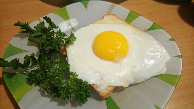 Delicious fried egg with runny yolk on toast served on a green patterned plate
