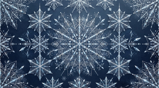 intricate snowflake pattern on deep blue background for winter and holiday design.