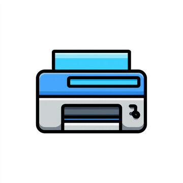 Simple line art icon depicting a printer actively printing paper, featuring flat blue and black colors with crisp outlines on a clean white background.