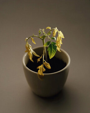 Top-down shot of wilted tomato seedlings yellow leaves in a small ceramic container showing early signs of nitrogen deficiency.