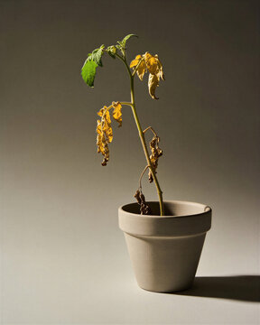 Studio still life of wilted tomato seedlings yellow leaves in a ceramic pot displaying symptoms of root rot and chlorosis.