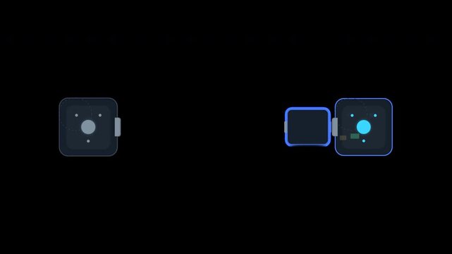 AI agent handoff animation showing one intelligent agent preparing and transferring a task context package to another agent, which receives the information and takes over responsibility. Useful for mu