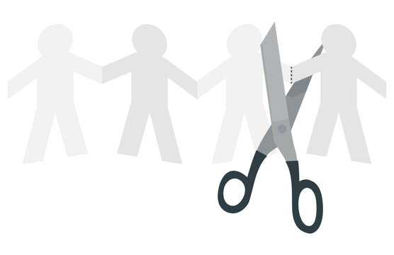 Vector illustration of scissors cutting one person from a paper chain of men, symbolizing social exclusion, layoffs, firing, and alienation (cut out)
