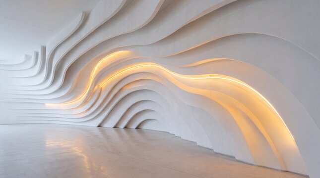 Modern empty interior with curved white parametric wave wall design and warm embedded led lighting, generative AI