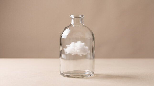 A clear glass bottle containing a small white cloud sits on a white surface in front of a beige background, with soft shadows around it.