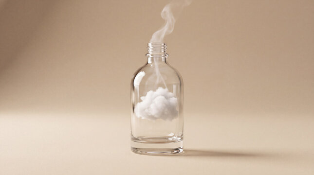 A small clear glass bottle stands on a beige surface with a white cloud inside and a wisp of vapor rising from its open neck in a studio setting.