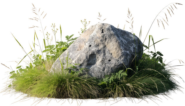 Large gray rock surrounded by green grass and wild plants isolated on transparent background