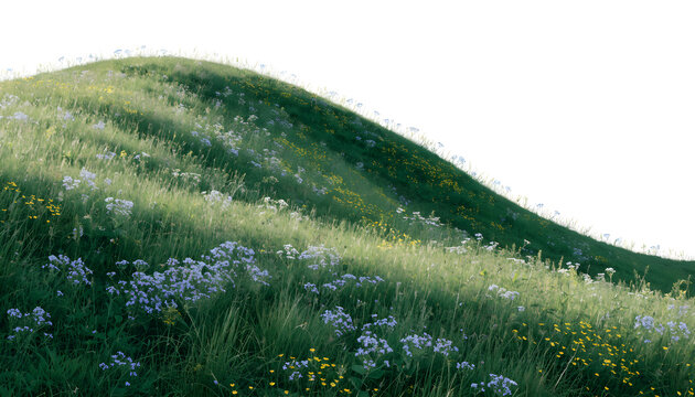 Green meadow hillside with wildflowers and grassy slopes in springtime
