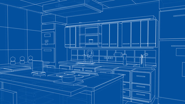 Modern kitchen blueprint line illustration. Vector