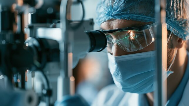Diabetic Eye Disease Month: Ophthalmologist performing retinal laser photocoagulation on a patient using a laser slit lamp, focused clinical atmosphere with a subtle green aiming beam glow.