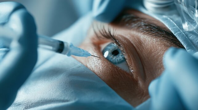 Diabetic Eye Disease Month: Ophthalmologist wearing sterile gloves preparing an intravitreal anti-VEGF injection for diabetic macular edema, with a sterile eye drape and syringe in hand.