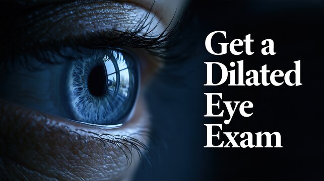 Diabetic Eye Disease Month: Extreme macro banner of a human eye with detailed iris and window reflection in the pupil, dark background, and elegant text &ldquo;Get a Dilated Eye Exam&rdquo;.