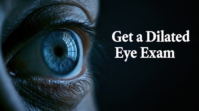 Diabetic Eye Disease Month: Extreme macro banner of a human eye with detailed iris and window reflection in the pupil, dark background, and elegant text &ldquo;Get a Dilated Eye Exam&rdquo;.