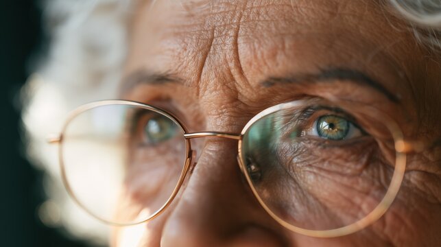 Diabetic Eye Disease Month: Close-up portrait of a hopeful senior woman wearing reading glasses, with kind eyes, detailed irises, natural skin texture, soft window light, and creamy bokeh background.