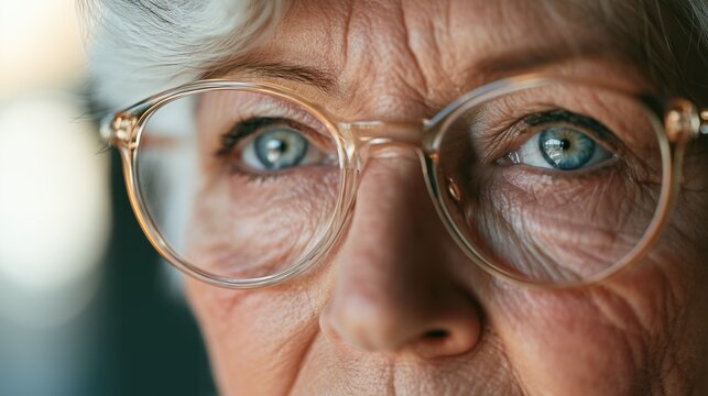 Diabetic Eye Disease Month: Close-up portrait of a hopeful senior woman wearing reading glasses, with kind eyes, detailed irises, natural skin texture, soft window light, and creamy bokeh background.