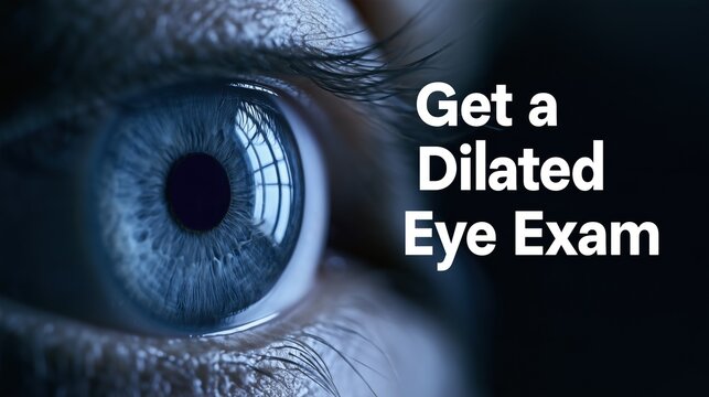 Diabetic Eye Disease Month: Extreme macro banner of a human eye with detailed iris and window reflection in the pupil, dark background, and elegant text &ldquo;Get a Dilated Eye Exam&rdquo;.