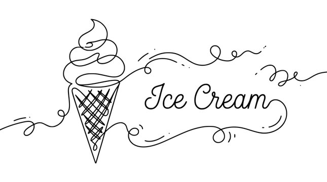 Hand-drawn ice cream cone line art, freeform scribble lettering, doodle style dessert label, vector illustration for food branding