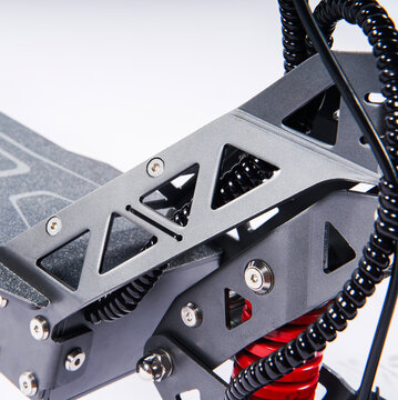 Close-up of electric scooter perforated metal frame, suspension structure with bolts and coiled wiring, isolated white background