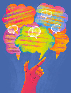 Colorful speech bubbles and a hand pointing at them
