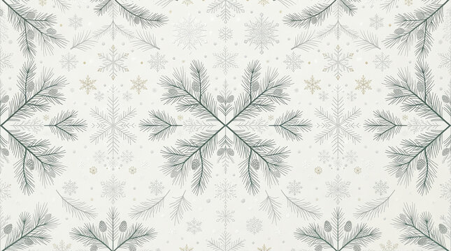 christmas seamless pattern with spruce branches and snowflakes on light background for festive winter design.