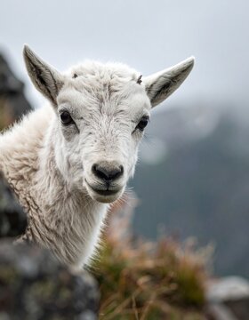 Close Up Portrait of Wild Mountain Goat Kid on Rocks