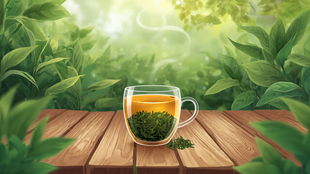 Hot green tea glass mug on wooden table plantation background