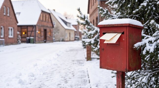Vintage Red Christmas Mailbox with Envelopes on Snowy Winter Street