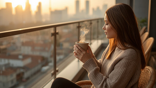 Young woman drinking hot coffee on rooftop balcony at sunrise