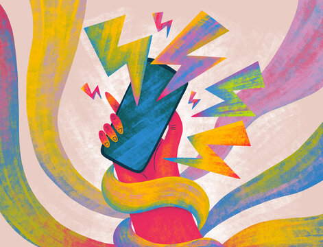 Creative artwork of a hand holding a phone with colorful waves