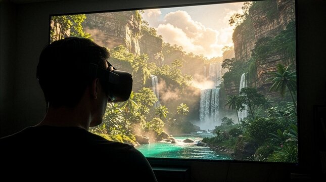 A man wearing a VR headset looks at a large screen displaying a stunning tropical canyon landscape with cascading waterfalls, turquoise water, lush greenery, and bright sunlight.