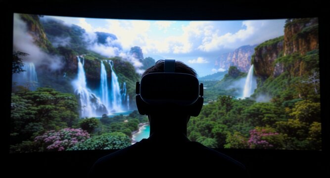 A silhouette of a person wearing a VR headset looking at a large curved screen displaying a breathtaking, lush tropical landscape with waterfalls, green forests, and a bright blue sky.