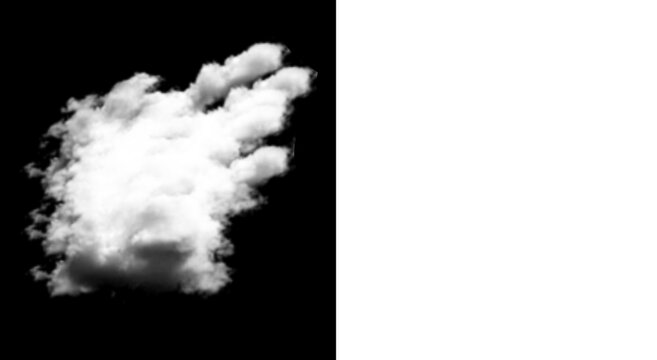 White cloud cutout on black background and alpha channel matte mask for compositing. Fluffy cumulus cloud formation isolated for digital design. Weather and sky overlay asset for creators