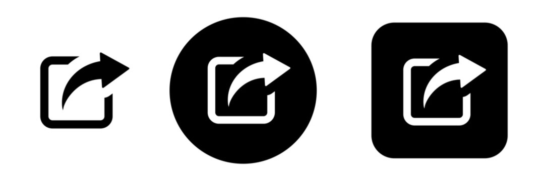 Share button icon set with file sharing and export symbols. Solid black send and forward actions for distributing files, publishing content and app interfaces.