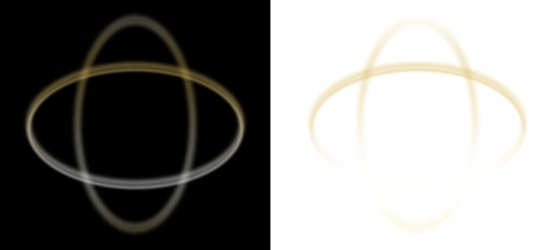 Glowing intersecting golden ellipses vector illustration. Orbital rings and atomic structure symbol. Glowing light effect on black and white background. Minimalist graphic design element