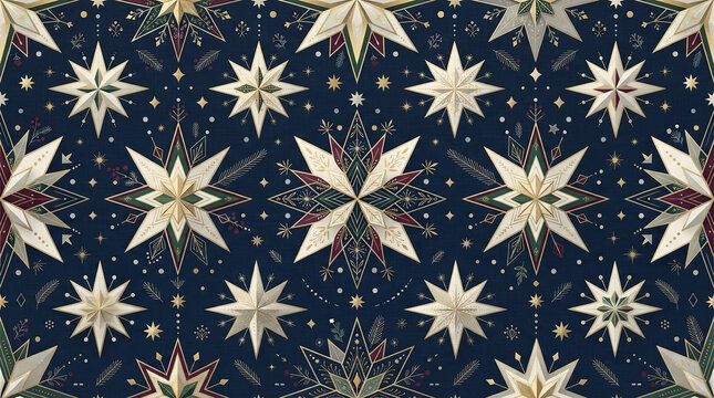 Nordic folk art style christmas star pattern on dark navy background for holiday wrapping paper.