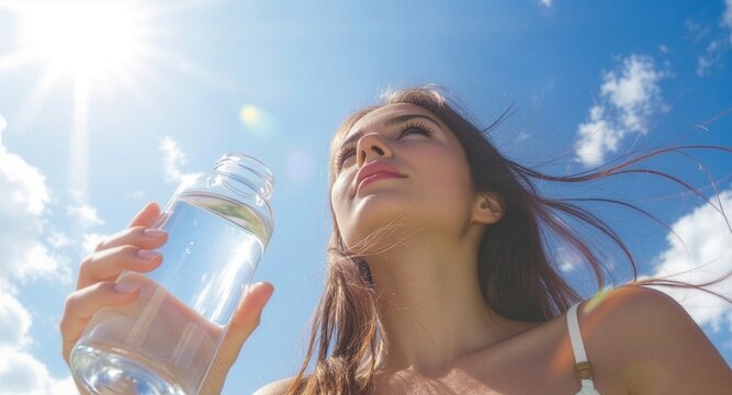 A young brunette woman holds a clear water bottle, looking up toward a bright sun with prominent sun flares in a vibrant blue sky with scattered clouds, feeling refreshed and hydrated.
