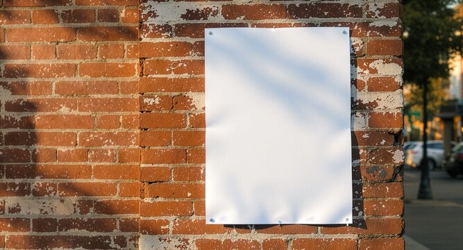 A blank white paper poster mockup is pinned onto an old red brick wall pillar on a city street, catching natural afternoon shadows and providing ideal copy space for advertisements.