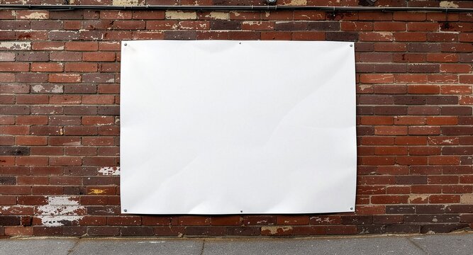 A blank white vinyl banner mockup is mounted horizontally on a textured old red brick wall above the sidewalk, creating an ideal empty space for advertising and branding templates.