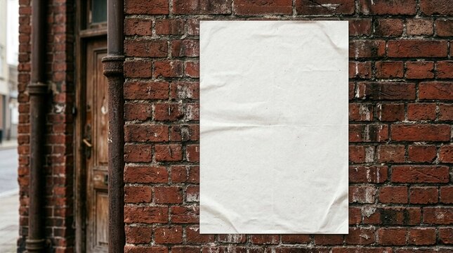 A blank white wrinkled poster mockup is pasted onto an old textured red brick wall next to a vintage wooden door, offering a rustic vertical copy space for outdoor advertising designs.