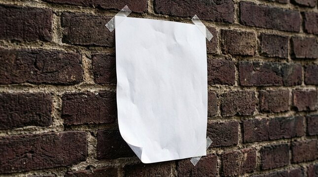A blank white paper poster mockup is attached with clear adhesive tape onto an old dark red brick wall at an angle, creating a perfect placeholder for creative street designs.