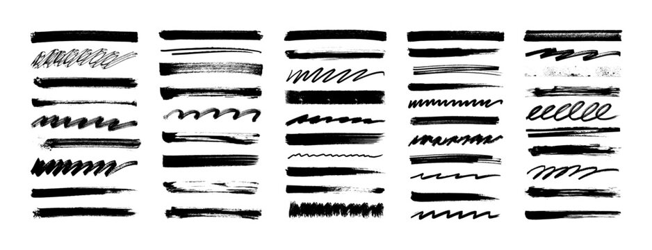 Hand drawn  brush strokes, grunge lines and scribbled underlines. Ink smears, dynamic chalk chalk stripes. Brush strokes and highlighters -  wavy lines, grunge marks, chalk stripes. Vector graphic set