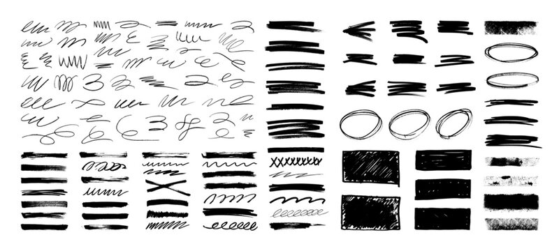 Black ink brush strokes, hand drawn scribbles, marker highlights, underlines, grunge textures. Grunge charcoal chalk stripes, brush strokes. Vector ink graphic set for highlighting and decoration.